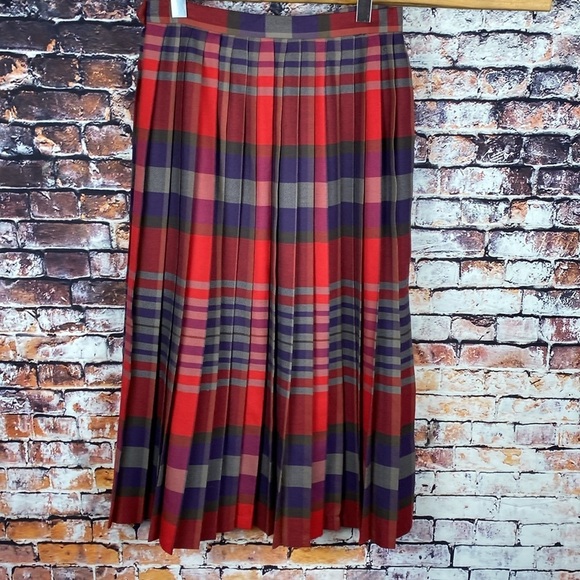 Vintage Wool Tartan Scottish Plaid Pleated Red and Purple Midi Skirt Sz S - Picture 11 of 14
